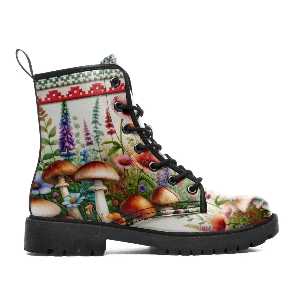 Unique Gift,Psychedelic Mushrooms Memory Foam Boots | All Season Lace Up Boots | Vegan Leather Combat Boot