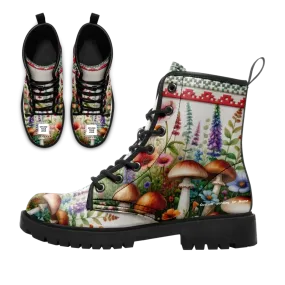 Unique Gift,Psychedelic Mushrooms Memory Foam Boots | All Season Lace Up Boots | Vegan Leather Combat Boot