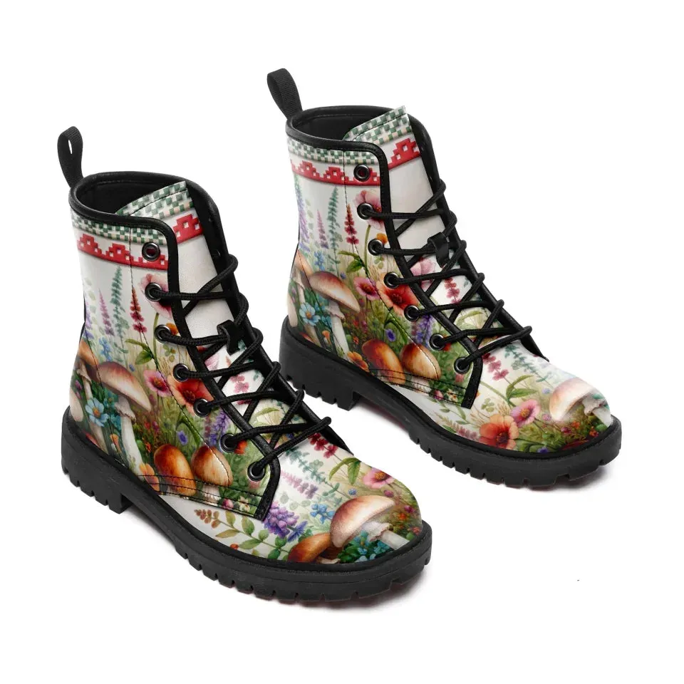 Unique Gift,Psychedelic Mushrooms Memory Foam Boots | All Season Lace Up Boots | Vegan Leather Combat Boot
