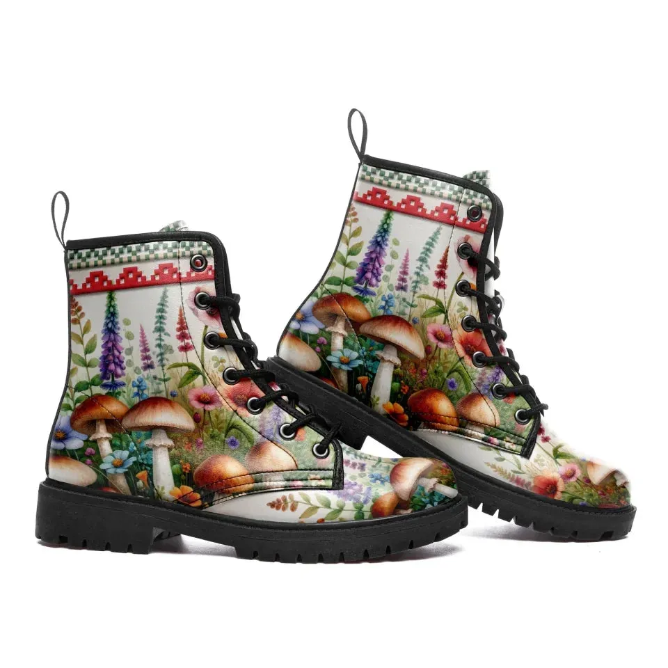 Unique Gift,Psychedelic Mushrooms Memory Foam Boots | All Season Lace Up Boots | Vegan Leather Combat Boot