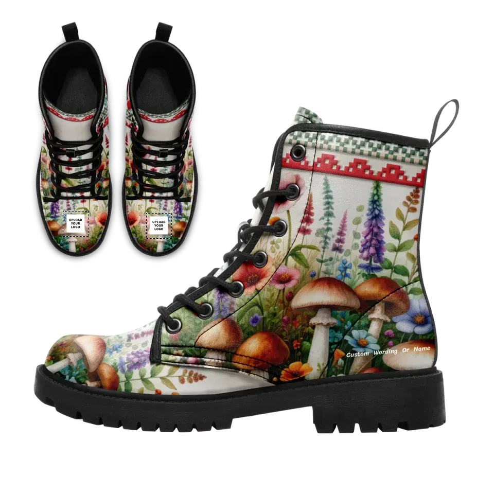 Unique Gift,Psychedelic Mushrooms Memory Foam Boots | All Season Lace Up Boots | Vegan Leather Combat Boot