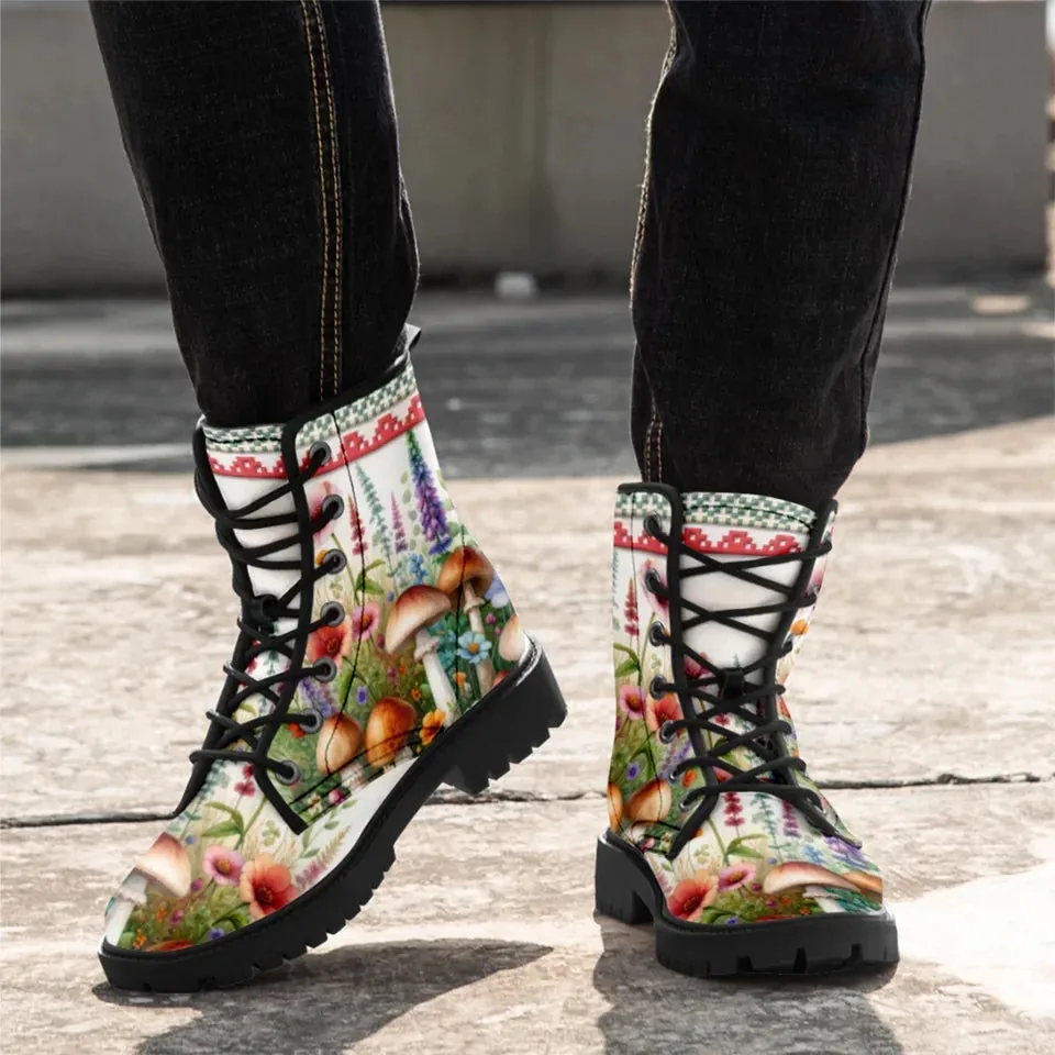 Unique Gift,Psychedelic Mushrooms Memory Foam Boots | All Season Lace Up Boots | Vegan Leather Combat Boot