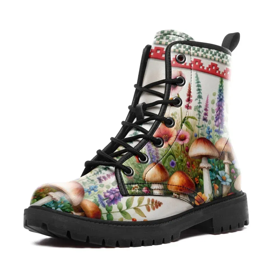 Unique Gift,Psychedelic Mushrooms Memory Foam Boots | All Season Lace Up Boots | Vegan Leather Combat Boot
