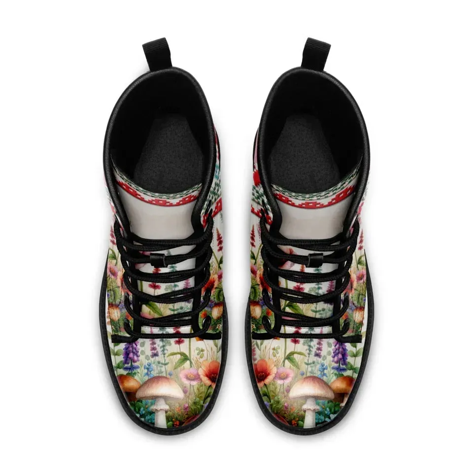 Unique Gift,Psychedelic Mushrooms Memory Foam Boots | All Season Lace Up Boots | Vegan Leather Combat Boot
