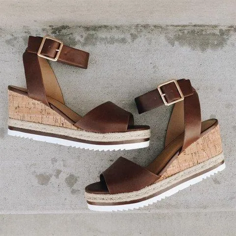 Women Chunky Strappy Adjustable Buckle Wedge Sandals