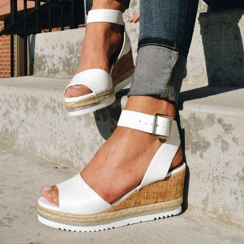 Women Chunky Strappy Adjustable Buckle Wedge Sandals