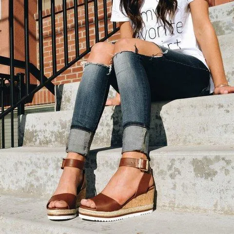 Women Chunky Strappy Adjustable Buckle Wedge Sandals