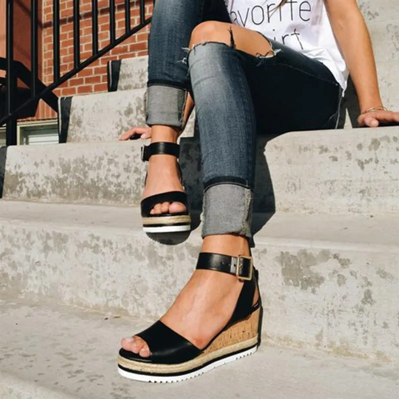 Women Chunky Strappy Adjustable Buckle Wedge Sandals