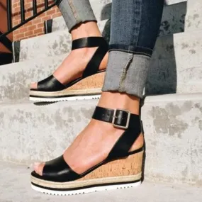 Women Chunky Strappy Adjustable Buckle Wedge Sandals