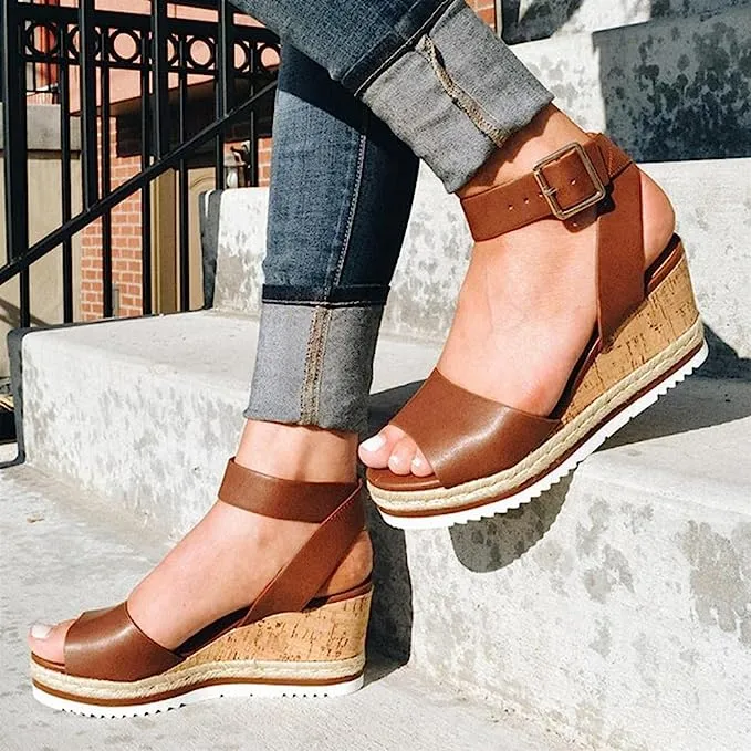 Women Chunky Strappy Adjustable Buckle Wedge Sandals
