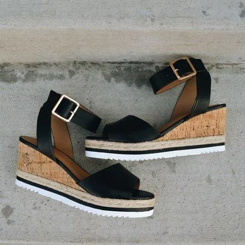 Women Chunky Strappy Adjustable Buckle Wedge Sandals