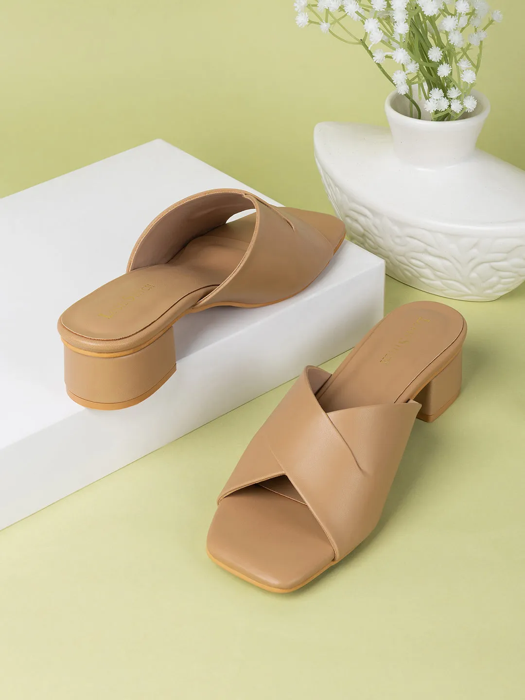 Women's Beige Block Heel Mules Lightweight Sandals
