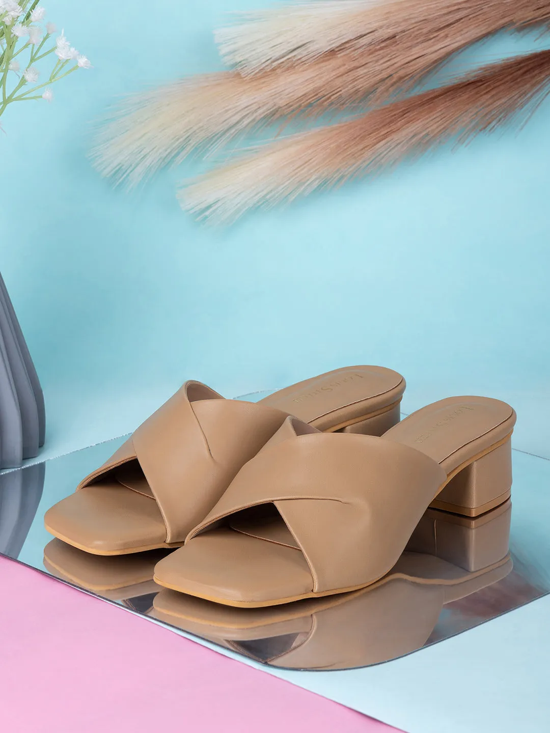 Women's Beige Block Heel Mules Lightweight Sandals