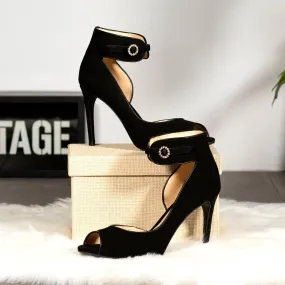 Women's Ibiza Ankle Strap Leather Heels Wide Plus Size Luxury Black 5807