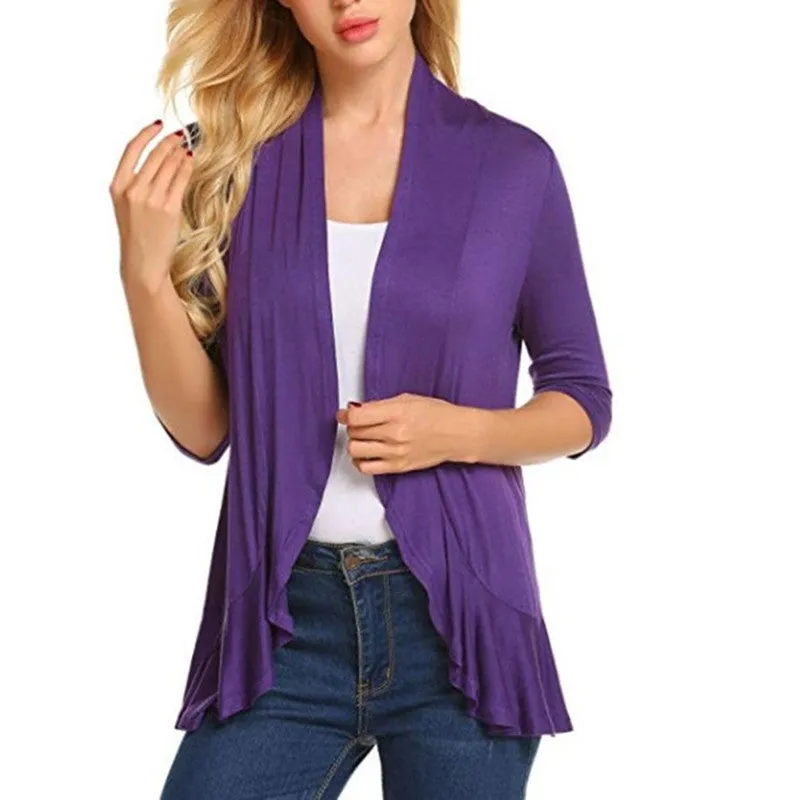 Women's Open Front Cardigan 3/4 Sleeve Draped Ruffles Soft Knit Sweaters