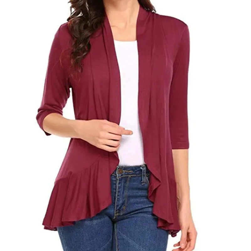 Women's Open Front Cardigan 3/4 Sleeve Draped Ruffles Soft Knit Sweaters