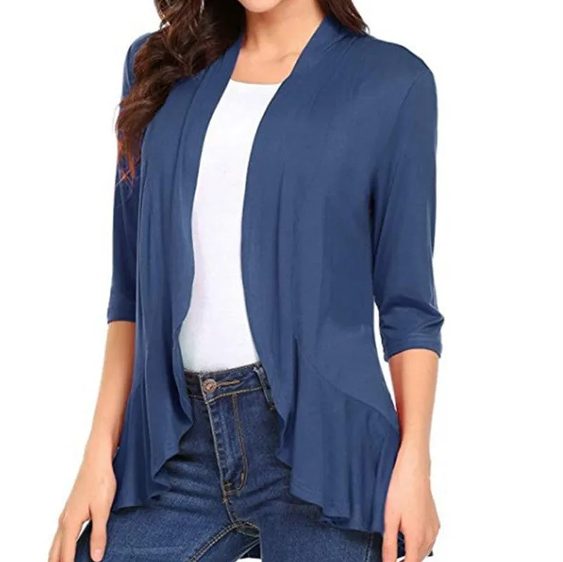 Women's Open Front Cardigan 3/4 Sleeve Draped Ruffles Soft Knit Sweaters