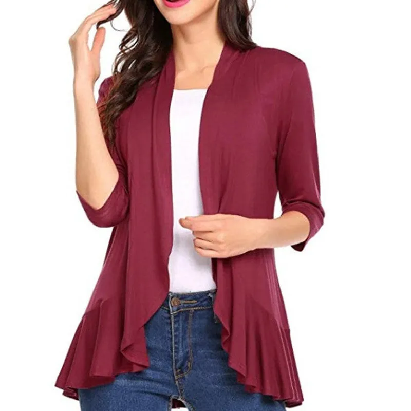 Women's Open Front Cardigan 3/4 Sleeve Draped Ruffles Soft Knit Sweaters