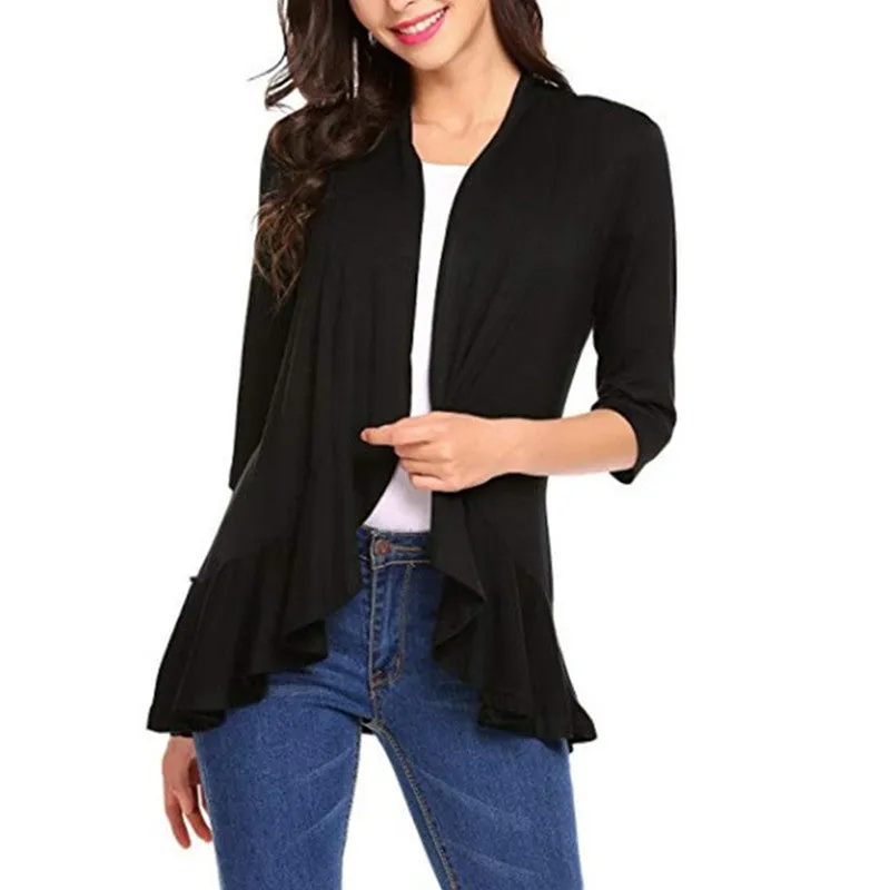 Women's Open Front Cardigan 3/4 Sleeve Draped Ruffles Soft Knit Sweaters
