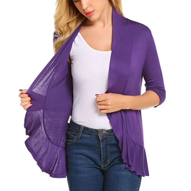 Women's Open Front Cardigan 3/4 Sleeve Draped Ruffles Soft Knit Sweaters
