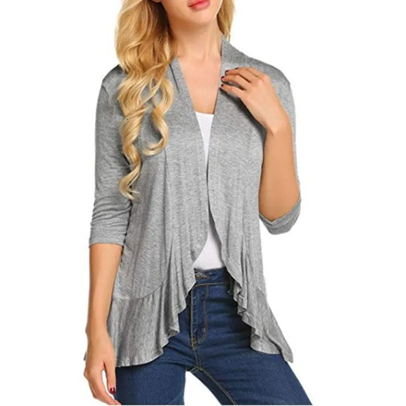 Women's Open Front Cardigan 3/4 Sleeve Draped Ruffles Soft Knit Sweaters
