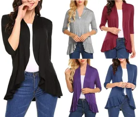 Women's Open Front Cardigan 3/4 Sleeve Draped Ruffles Soft Knit Sweaters