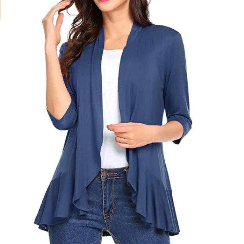 Women's Open Front Cardigan 3/4 Sleeve Draped Ruffles Soft Knit Sweaters