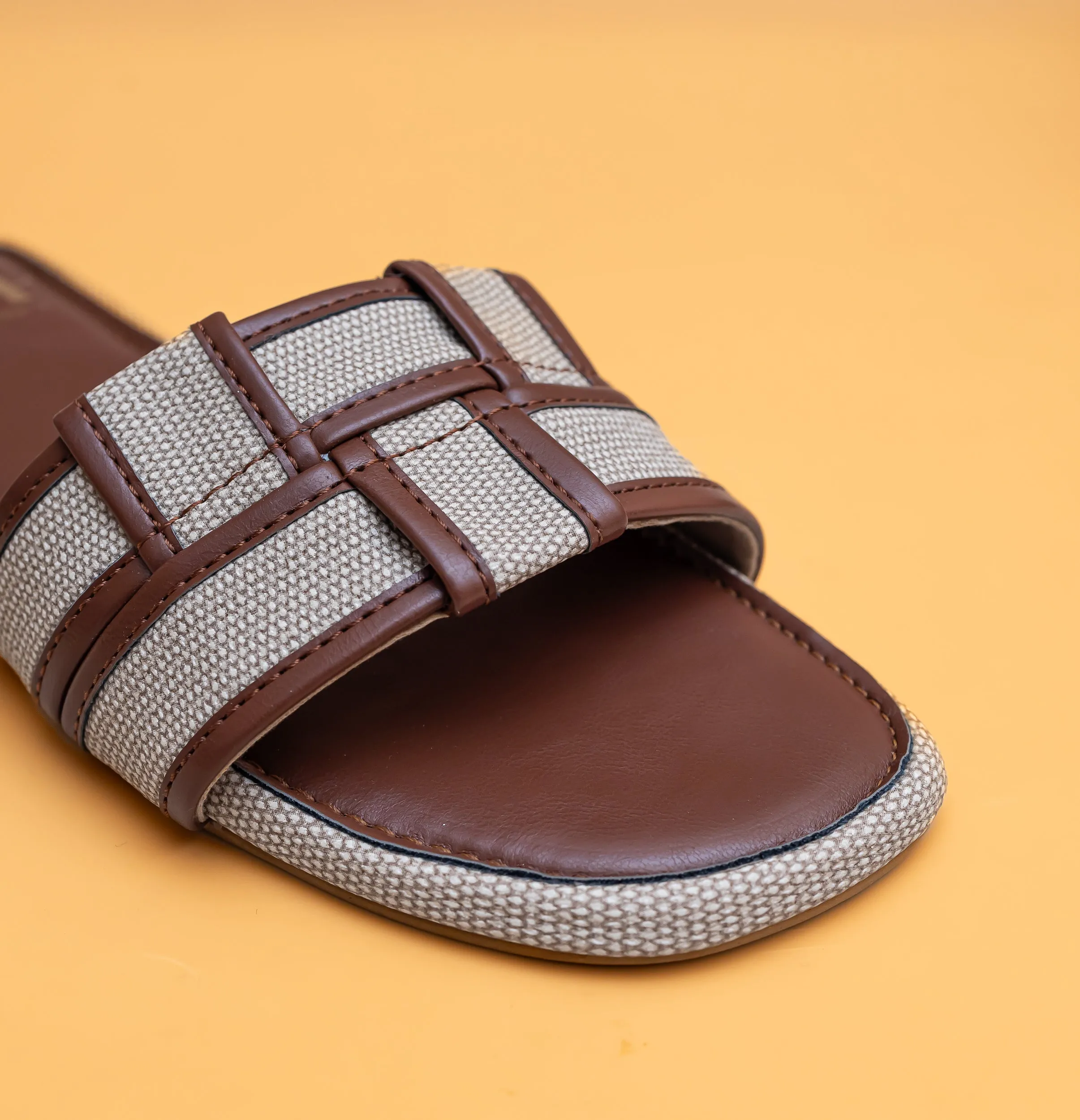 Woven Open Toe Flats - Tan/Cream