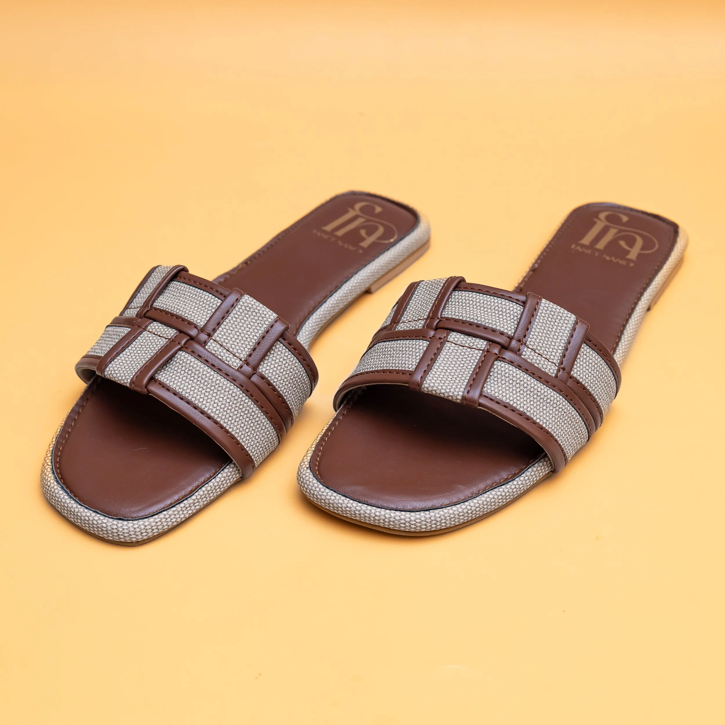 Woven Open Toe Flats - Tan/Cream